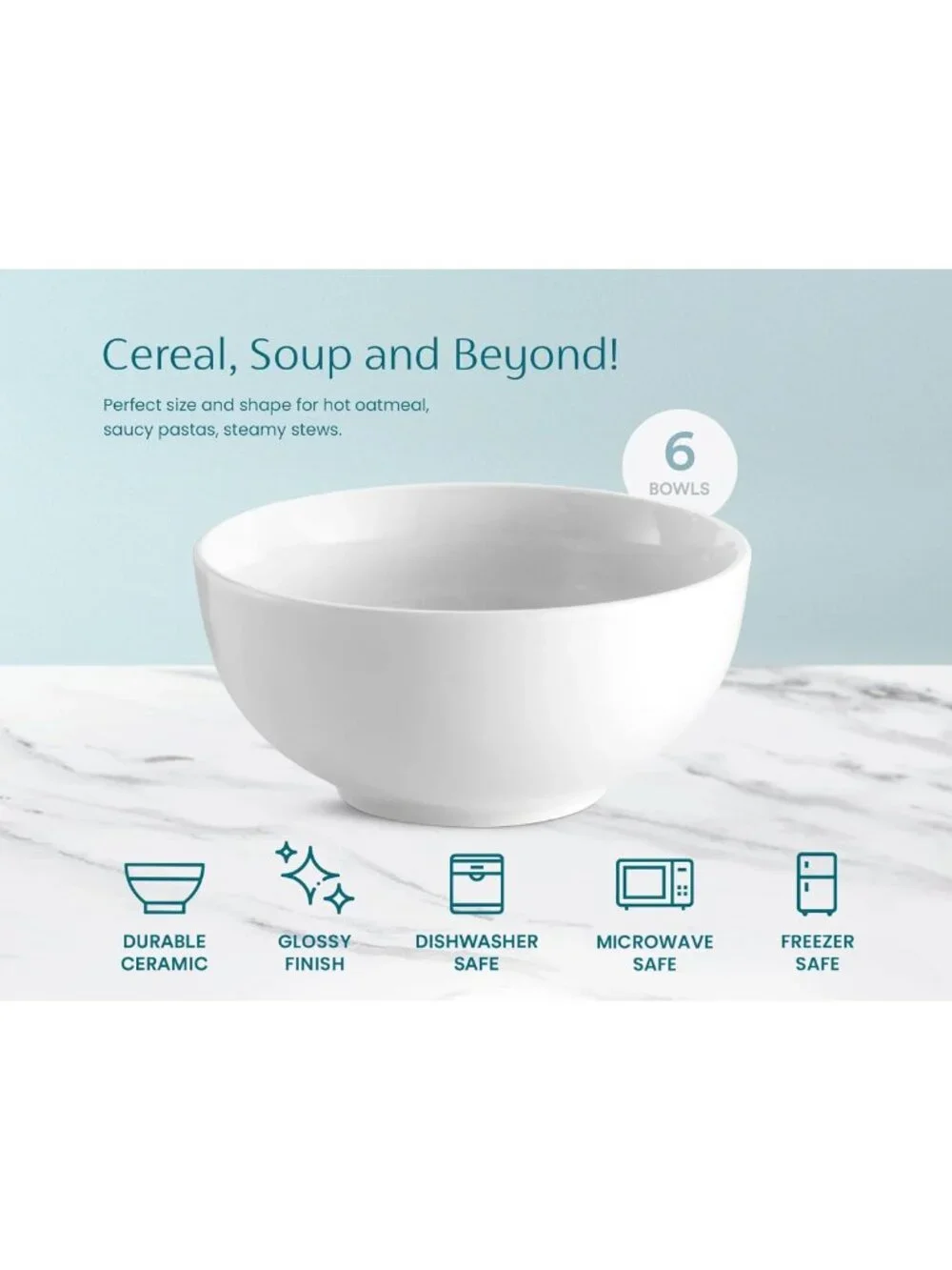 Set of 6 Deep Ceramic Soup Bowls - Microwave & Dishwasher Safe, 24 oz, White